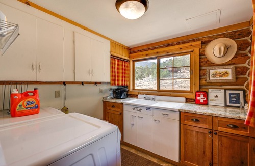 Estes Park Cabin | Historic cabin with mountain views, private W/D, & furnished deck