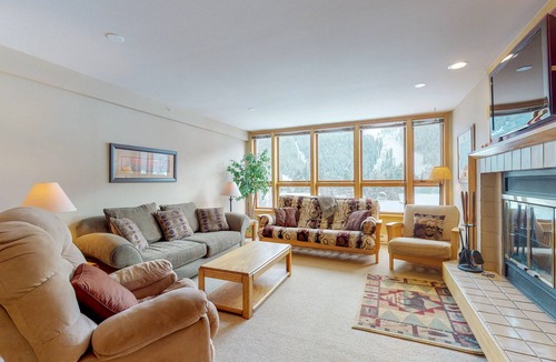 Mountain House Condo | Ski view condo with pool & hot tub, 2 fireplaces - walk to lifts