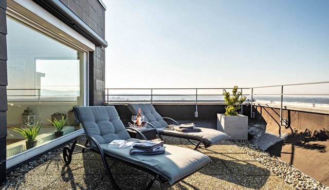 1-room penthouse with rooftop terrace, stunning lake & mountain views, and green surroundings