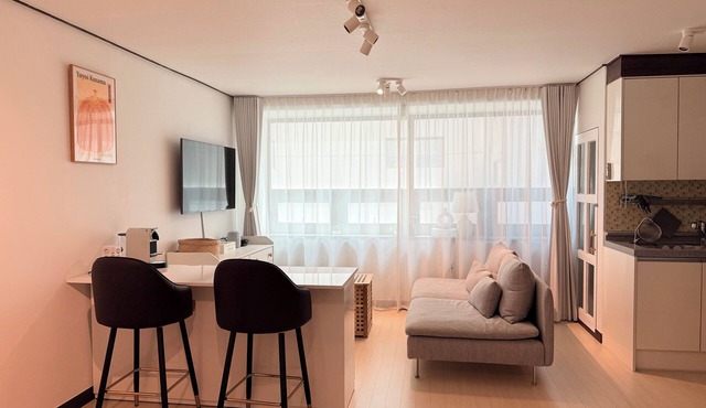 Modern Studio Near Gimpo Airport, King Bed + Pull-Out Trundle + Washer & Dryer