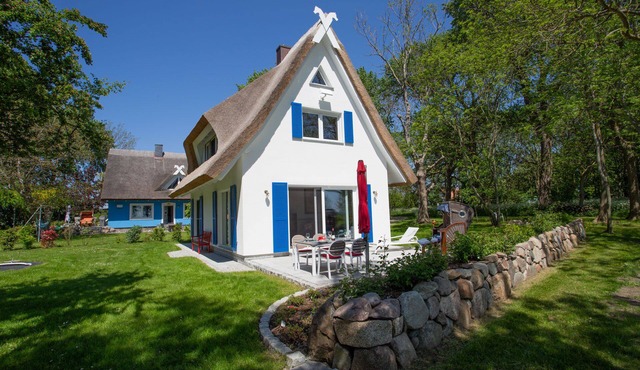 Picturesquely situated thatched-roof house in a large park-like garden
